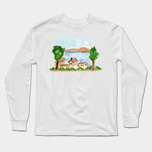 Little Town Watercolor Painting Long Sleeve T-Shirt